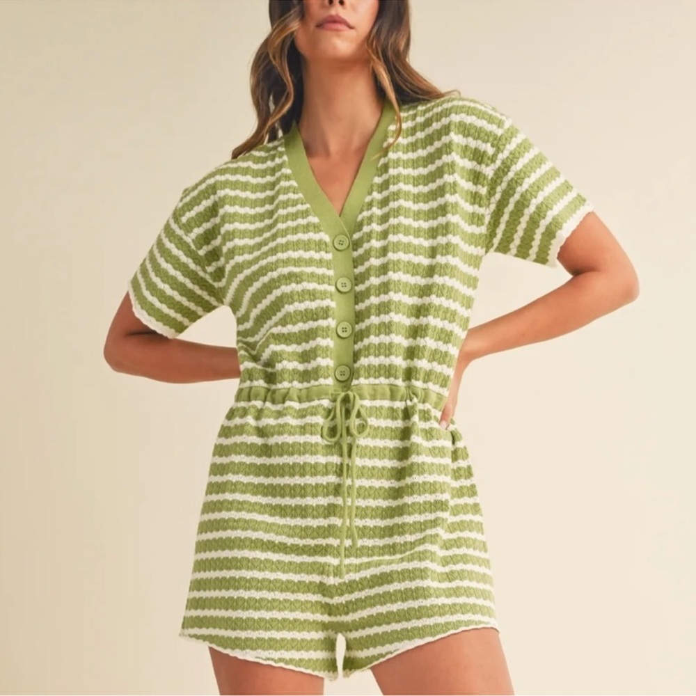 Green Striped Women Romper - Med/Large